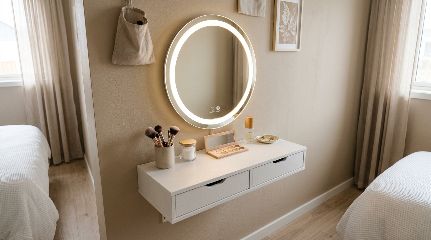 Try a framed lighted mirror for warmth